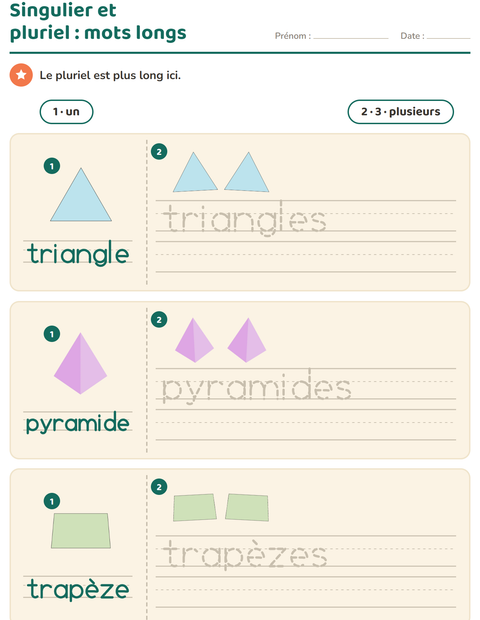 Aperçu de la fiche Singulier et pluriel avec Formes pour École maternelle (grande section, 5-7 ans)
