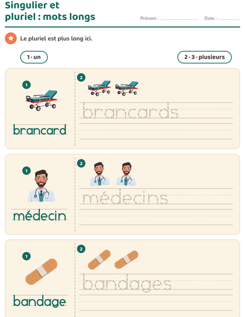 Aperçu de la fiche Singulier et pluriel avec Hôpital pour École maternelle (grande section, 5-7 ans)
