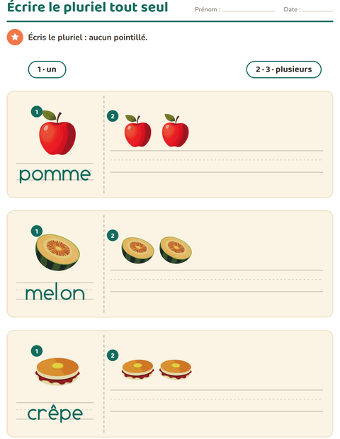 Aperçu de la fiche Singulier et pluriel avec Petit-déjeuner pour École maternelle (grande section, 5-7 ans)