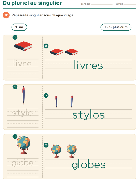 Aperçu de la fiche Singulier et pluriel avec Salle de classe pour École maternelle (grande section, 5-7 ans)