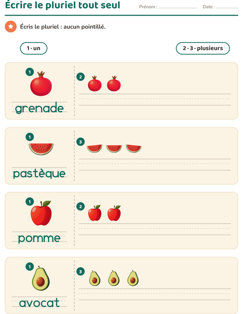 Aperçu de la fiche Singulier et pluriel avec Fruits pour École maternelle (grande section, 5-7 ans)
