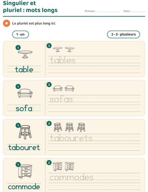 Aperçu de la fiche Singulier et pluriel avec Meubles NB pour École maternelle (grande section, 5-7 ans)