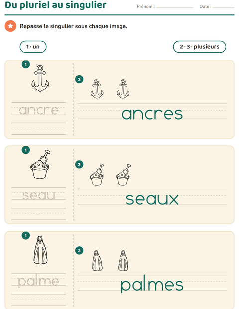 Aperçu de la fiche Singulier et pluriel avec Plage NB pour École maternelle (grande section, 5-7 ans)