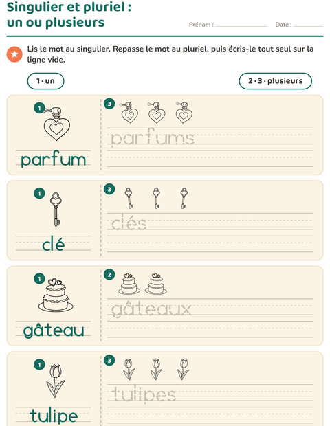 Aperçu de la fiche Singulier et pluriel avec Saint-Valentin NB 2 pour École maternelle (grande section, 5-7 ans)