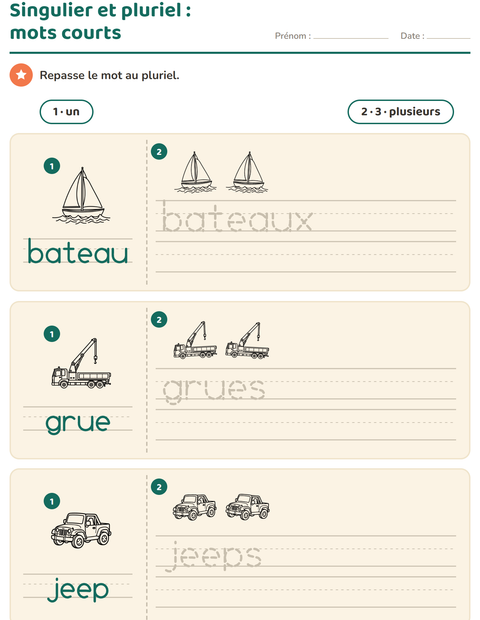 Aperçu de la fiche Singulier et pluriel avec Véhicules NB pour École maternelle (grande section, 5-7 ans)