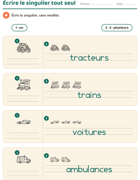 Aperçu de la fiche Singulier et pluriel avec Véhicules NB pour École maternelle (grande section, 5-7 ans)