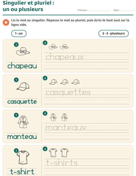 Aperçu de la fiche Singulier et pluriel avec Vêtements NB pour École maternelle (grande section, 5-7 ans)