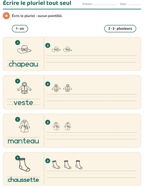 Aperçu de la fiche Singulier et pluriel avec Vêtements NB pour École maternelle (grande section, 5-7 ans)