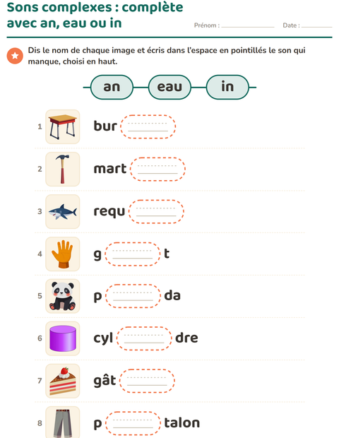 Aperçu de la fiche Les sons complexes pour CP (cours préparatoire)