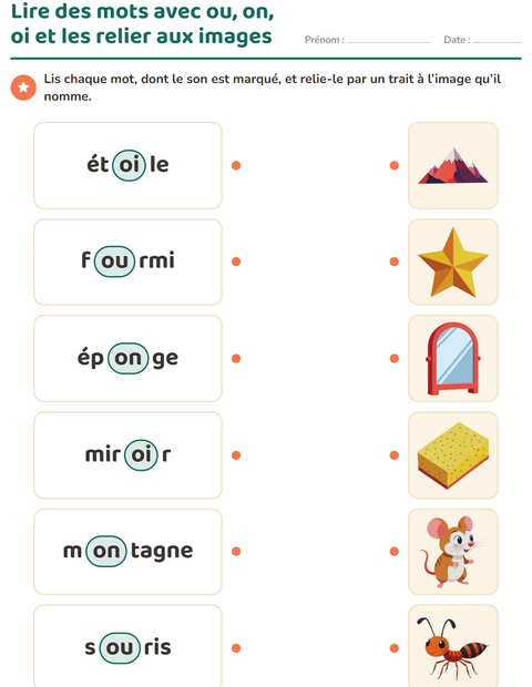 Lire des mots avec ou, on, oi et les relier aux images