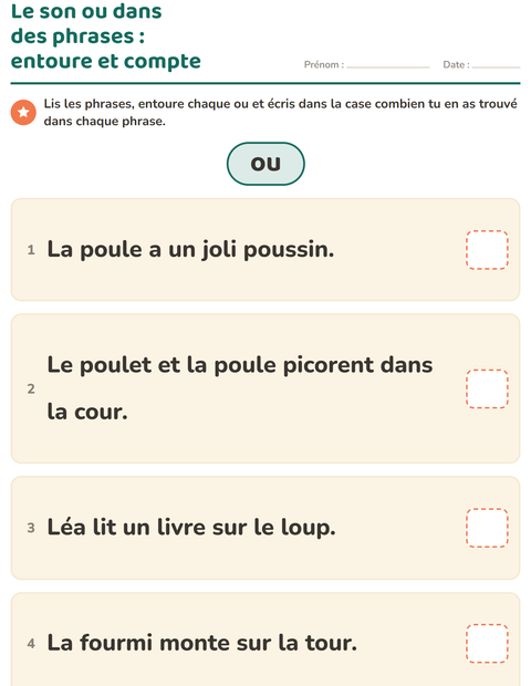 Aperçu : Le son ou dans des phrases : entoure et compte