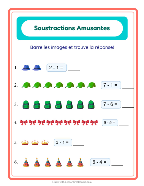 Aperçu de la fiche Soustraction avec Accessoires pour École maternelle (grande section, 5-7 ans)