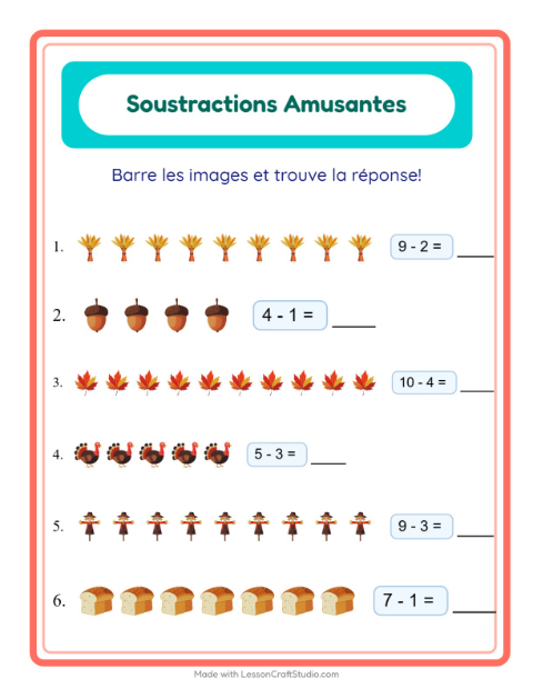 Aperçu de la fiche Soustraction avec Action de grâce pour École maternelle (grande section, 5-7 ans)