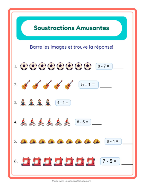 Aperçu de la fiche Soustraction avec Activités pour École maternelle (grande section, 5-7 ans)