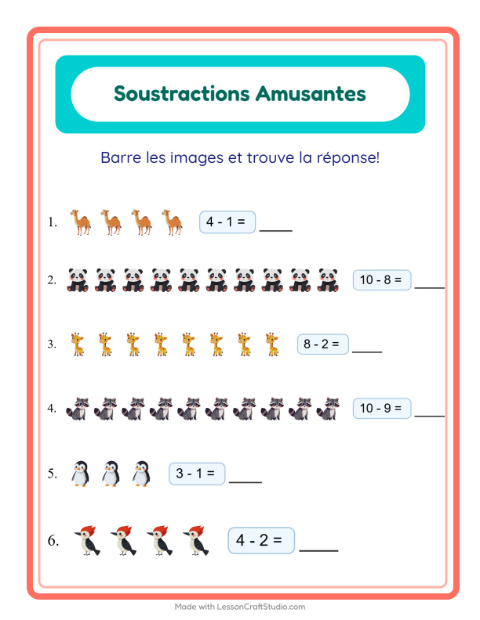 Aperçu de la fiche Soustraction avec Animaux pour École maternelle (grande section, 5-7 ans)