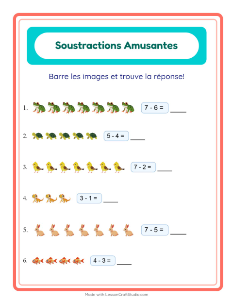 Aperçu de la fiche Soustraction avec Animaux de compagnie pour École maternelle (grande section, 5-7 ans)