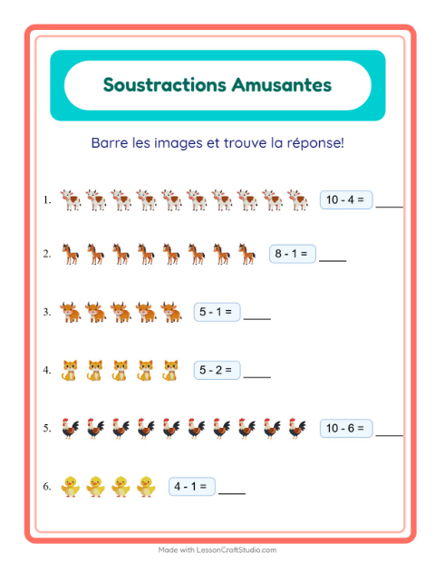Aperçu de la fiche Soustraction avec Animaux de la ferme pour École maternelle (grande section, 5-7 ans)