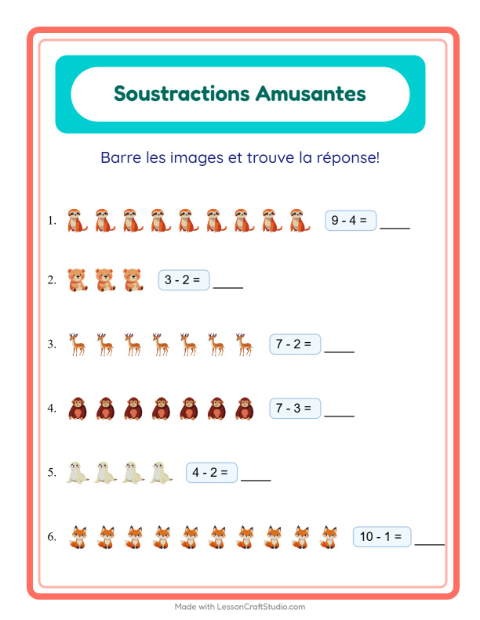 Aperçu de la fiche Soustraction avec Animaux du zoo pour École maternelle (grande section, 5-7 ans)