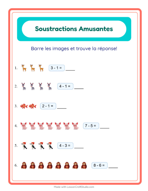 Aperçu : Soustractions CP : Animaux – fiche à imprimer