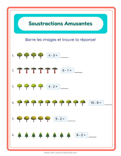 Aperçu de la fiche Soustraction avec Arbres pour École maternelle (grande section, 5-7 ans)
