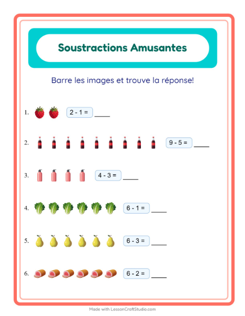Aperçu de la fiche Soustraction avec Au supermarché pour École maternelle (grande section, 5-7 ans)