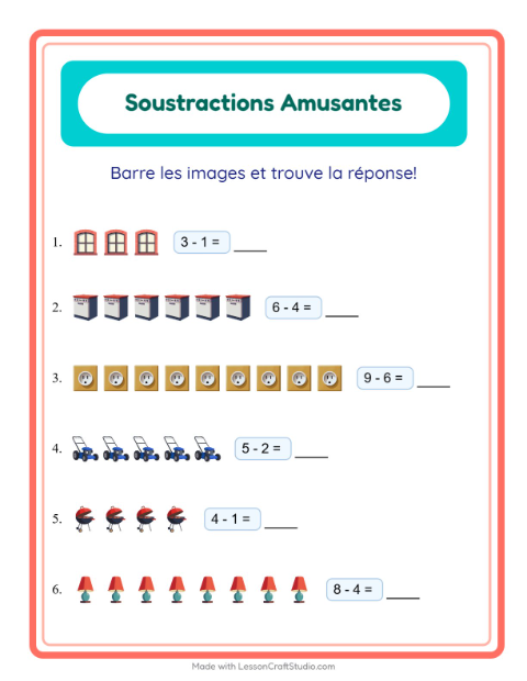 Aperçu de la fiche Soustraction avec Autour de la maison pour École maternelle (grande section, 5-7 ans)