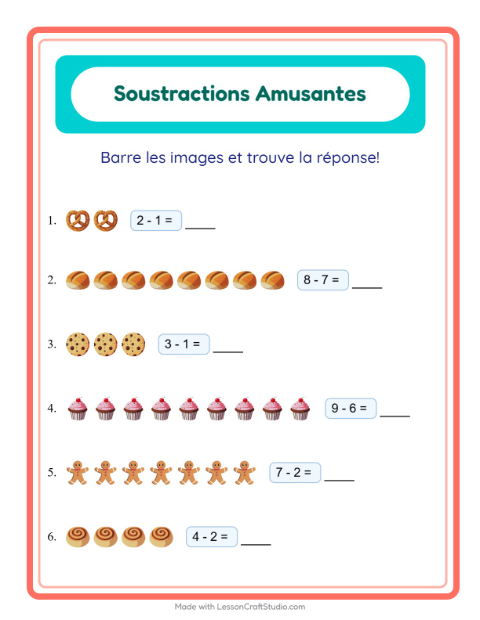 Aperçu de la fiche Soustraction avec Boulangerie pour École maternelle (grande section, 5-7 ans)