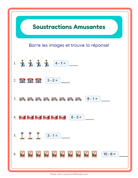 Aperçu de la fiche Soustraction avec Bureau de poste pour École maternelle (grande section, 5-7 ans)