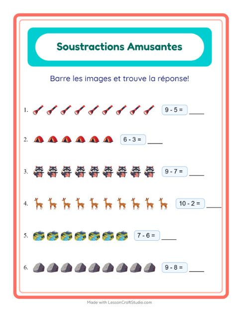 Aperçu de la fiche Soustraction avec Camping pour École maternelle (grande section, 5-7 ans)