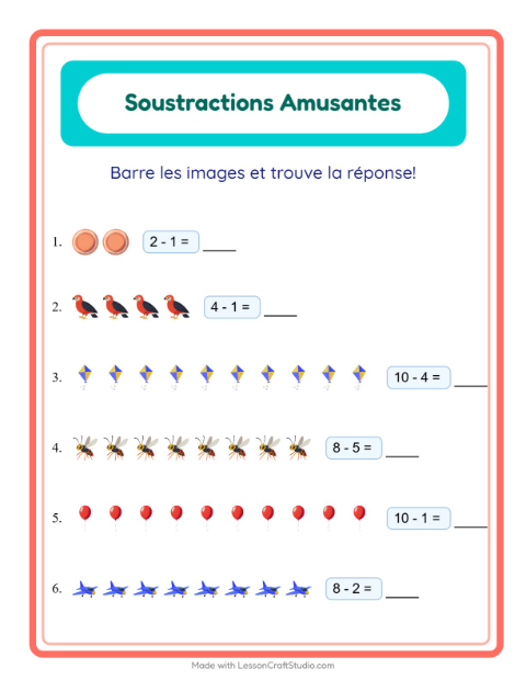 Aperçu de la fiche Soustraction avec Choses qui volent pour École maternelle (grande section, 5-7 ans)