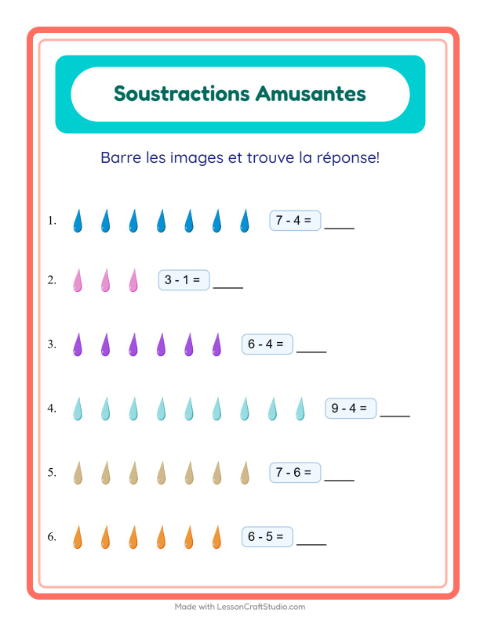 Aperçu de la fiche Soustraction avec Couleurs pour École maternelle (grande section, 5-7 ans)