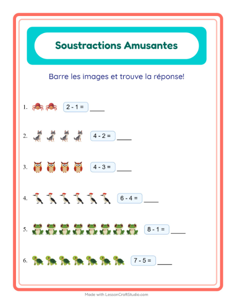 Aperçu de la fiche Soustraction avec Créatures de la forêt pour École maternelle (grande section, 5-7 ans)