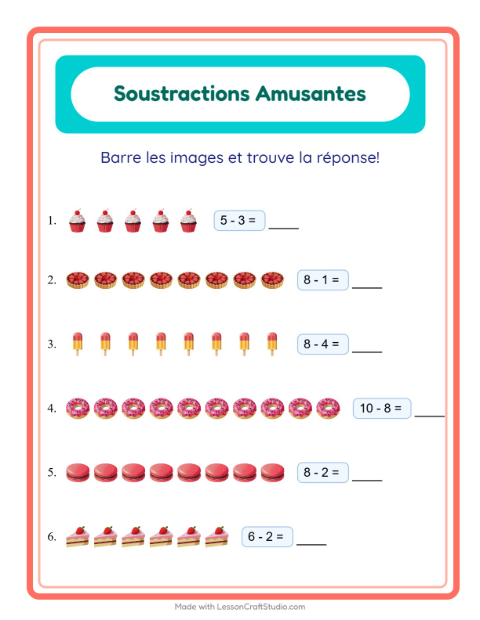 Aperçu de la fiche Soustraction avec Desserts et sucreries pour École maternelle (grande section, 5-7 ans)