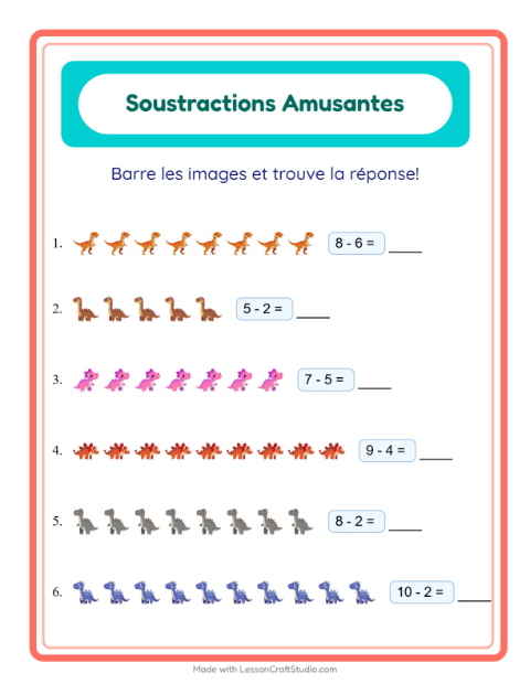 Aperçu de la fiche Soustraction avec Dinosaures pour École maternelle (grande section, 5-7 ans)