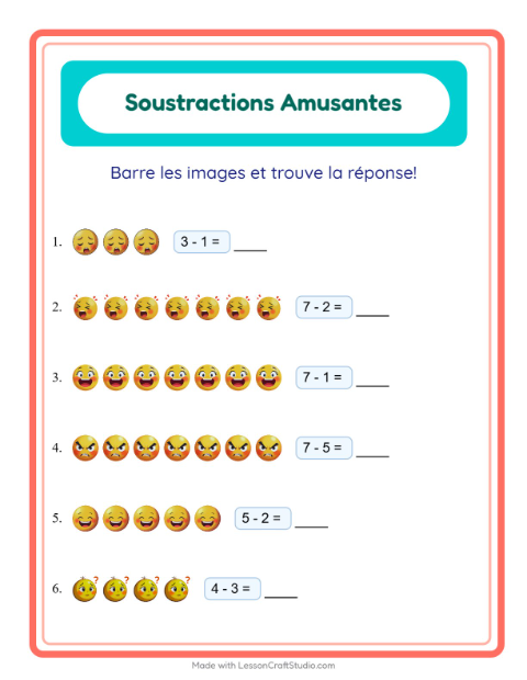 Aperçu de la fiche Soustraction avec Émotions pour École maternelle (grande section, 5-7 ans)