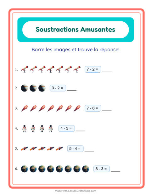 Aperçu de la fiche Soustraction avec Espace pour École maternelle (grande section, 5-7 ans)