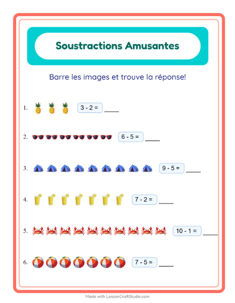 Aperçu de la fiche Soustraction avec Été pour École maternelle (grande section, 5-7 ans)