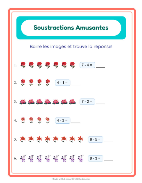 Aperçu de la fiche Soustraction avec Fleurs pour École maternelle (grande section, 5-7 ans)