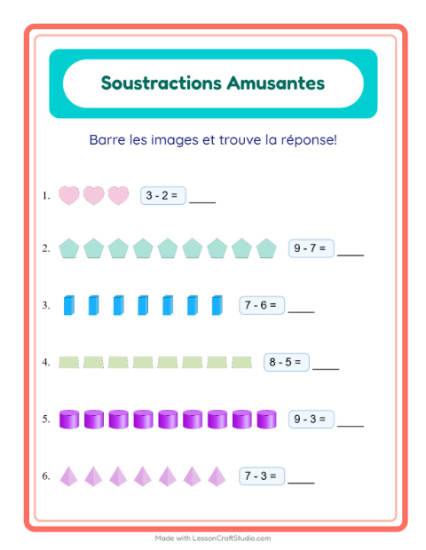 Aperçu de la fiche Soustraction avec Formes pour École maternelle (grande section, 5-7 ans)