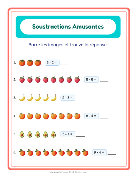Aperçu de la fiche Soustraction avec Fruits pour École maternelle (grande section, 5-7 ans)