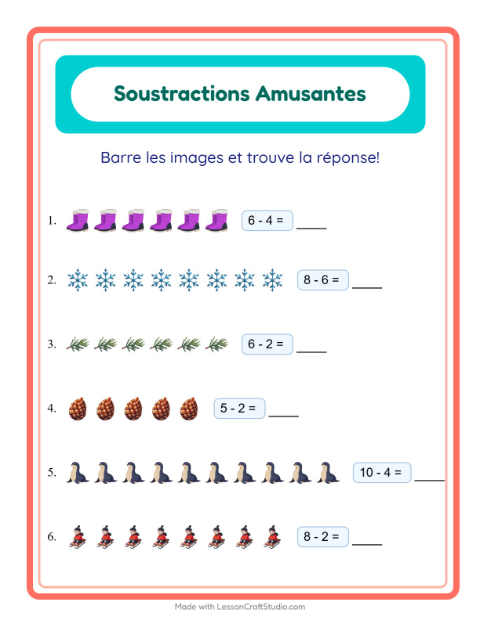 Aperçu de la fiche Soustraction avec Hiver pour École maternelle (grande section, 5-7 ans)