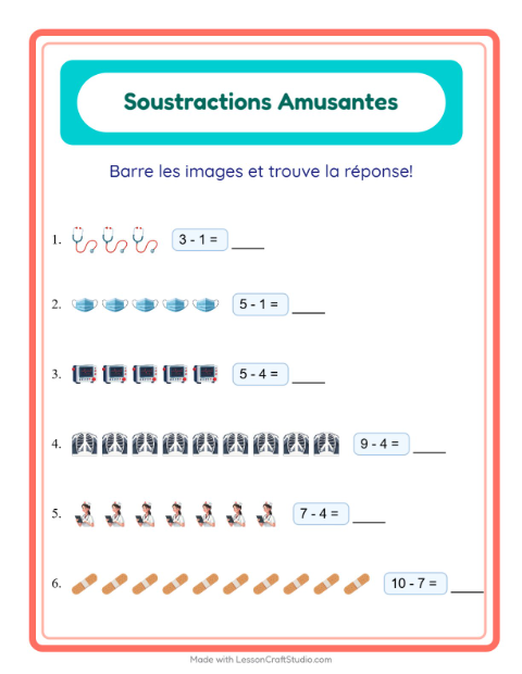 Aperçu de la fiche Soustraction avec Hôpital pour École maternelle (grande section, 5-7 ans)