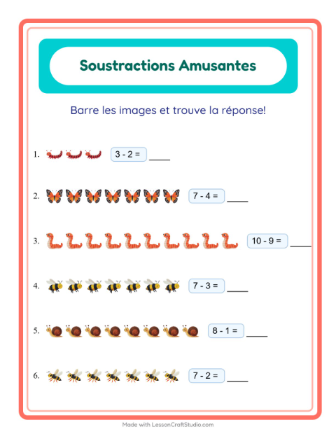 Aperçu de la fiche Soustraction avec Insectes et bestioles pour École maternelle (grande section, 5-7 ans)