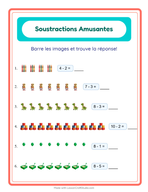 Aperçu de la fiche Soustraction avec Jouets pour École maternelle (grande section, 5-7 ans)
