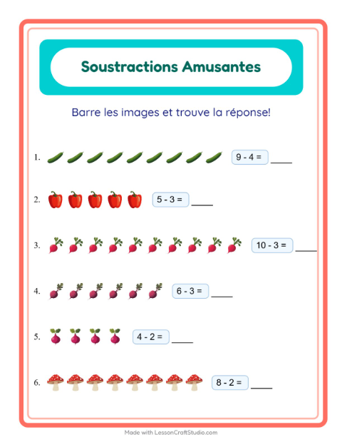 Aperçu de la fiche Soustraction avec Légumes pour École maternelle (grande section, 5-7 ans)