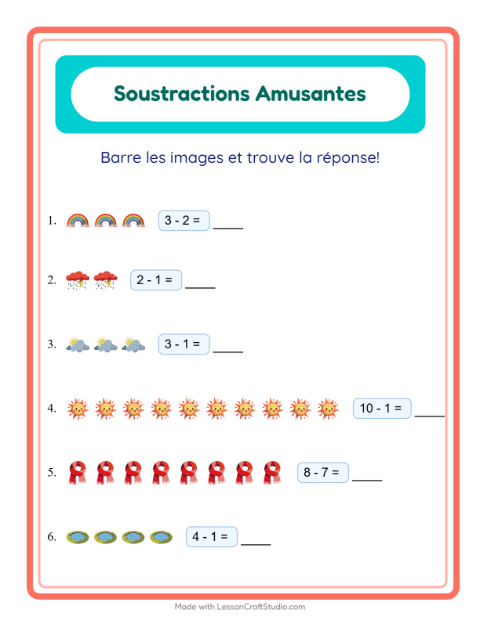 Aperçu de la fiche Soustraction avec Météo pour École maternelle (grande section, 5-7 ans)