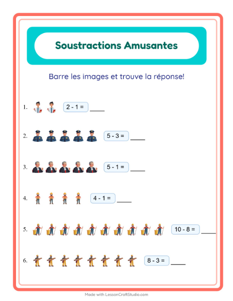 Aperçu de la fiche Soustraction avec Métiers pour École maternelle (grande section, 5-7 ans)