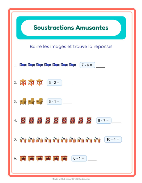 Aperçu de la fiche Soustraction avec Meubles pour École maternelle (grande section, 5-7 ans)