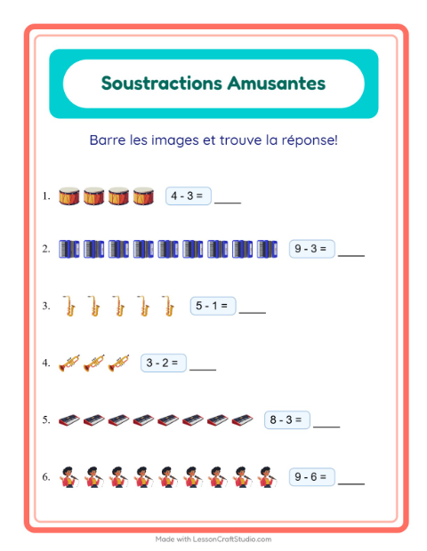 Aperçu de la fiche Soustraction avec Musique pour École maternelle (grande section, 5-7 ans)