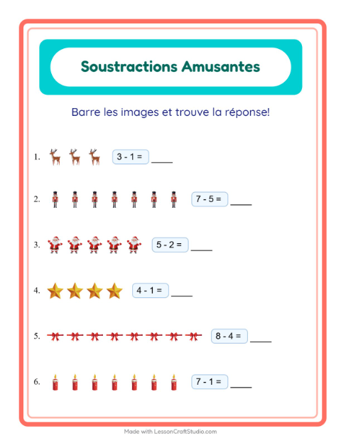 Aperçu de la fiche Soustraction avec Noël pour École maternelle (grande section, 5-7 ans)